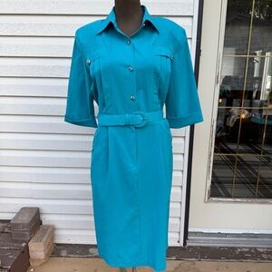 Gorgeous Vintage 80s Teal Belted Shirt Dress